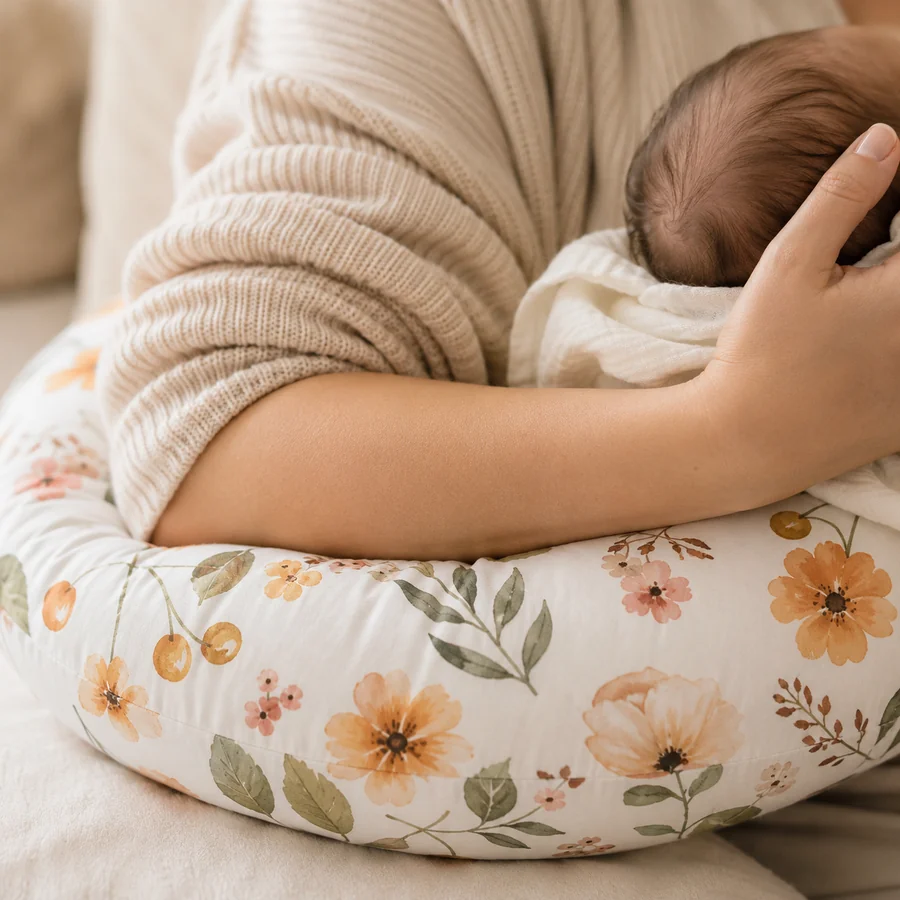 Gros plan sur un avant-bras posé sur la branche du coussin d’allaitement, la main soutenant la tête du nourrisson