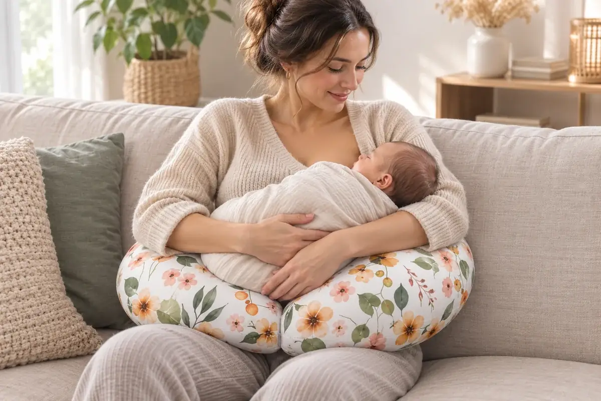Femme assise sur un canapé, coussin d’allaitement blanc à motif floral autour de la taille, nourrisson emmailloté calé à hauteur de poitrine