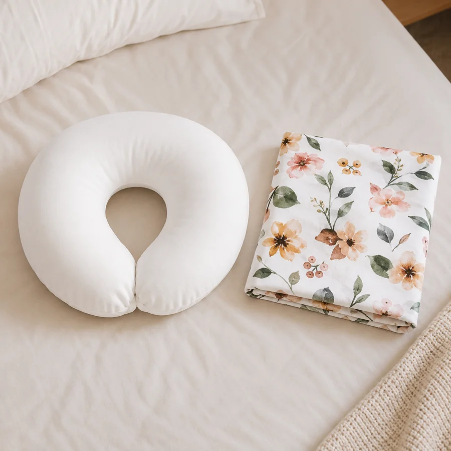 Housse blanche à motif floral retirée et pliée à côté du coussin d’allaitement nu, sur un lit clair