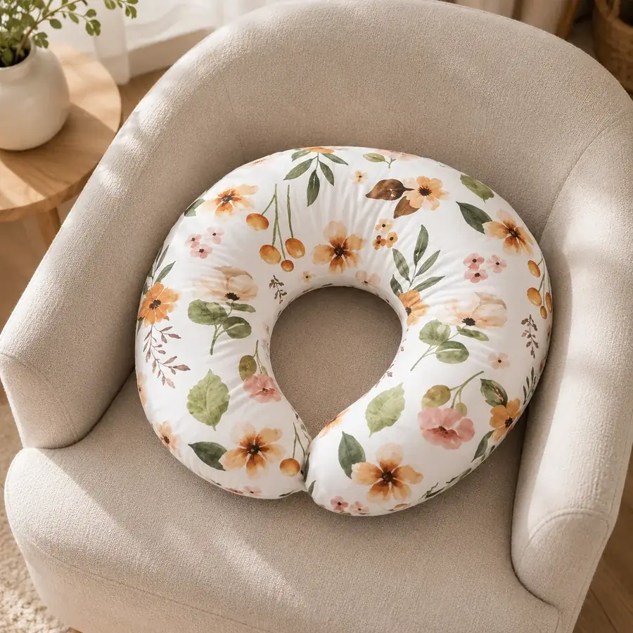 Coussin d’allaitement blanc à motif floral posé seul sur un fauteuil clair, ouverture tournée vers l’avant