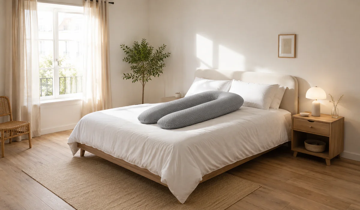 Chambre contemporaine vue en grand angle, lit fait avec le coussin de grossesse en U posé dessus