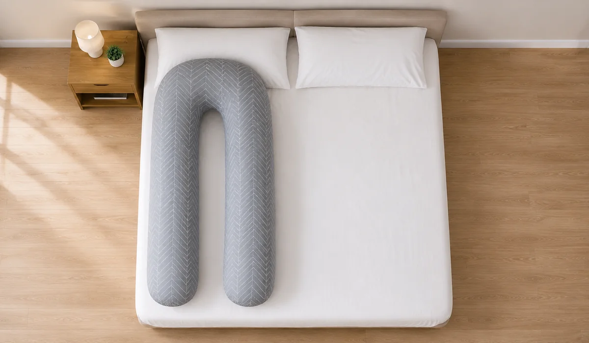 Vue en plongee verticale sur un lit double, le coussin en U occupant un cote et l'autre moitie restant libre