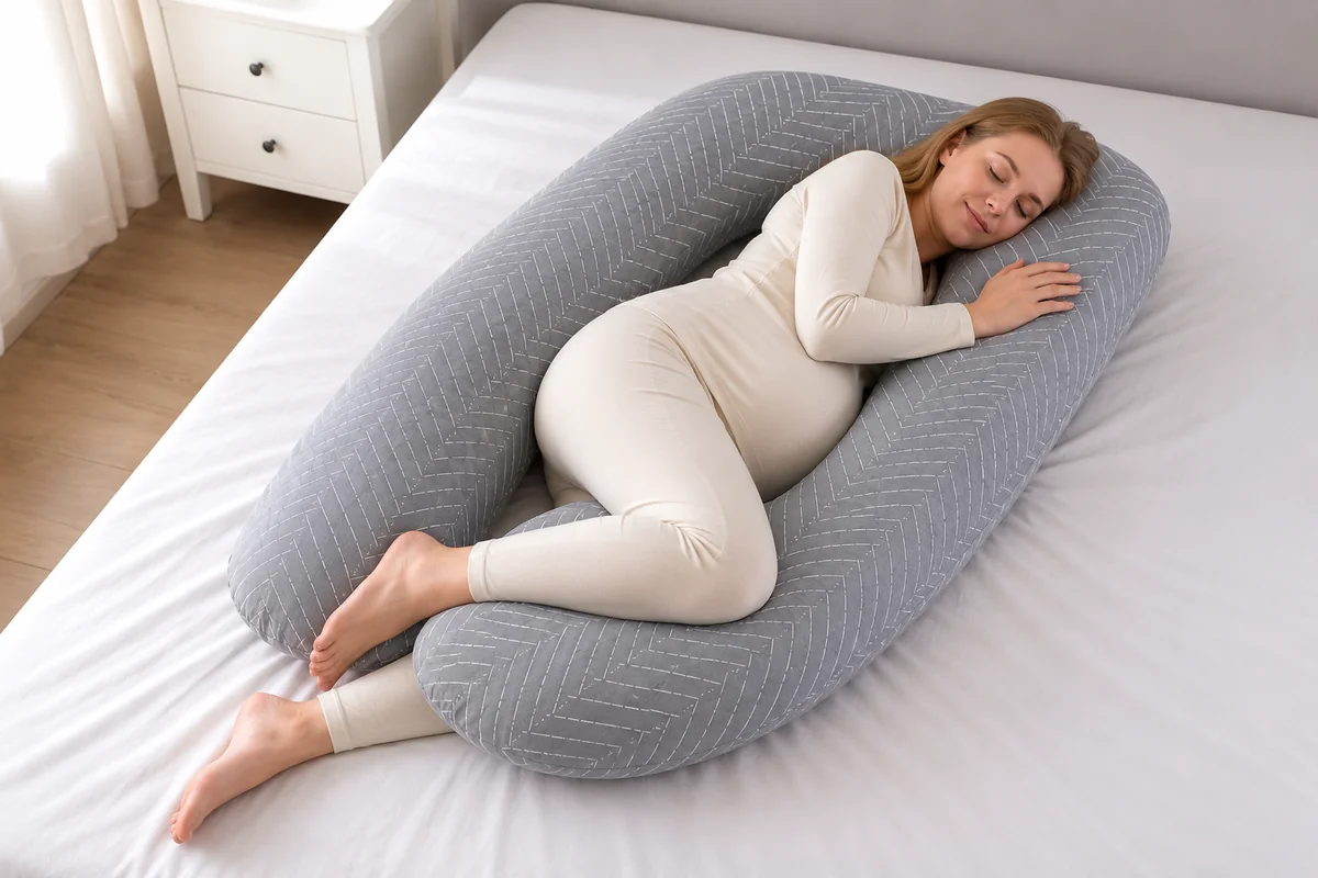 Femme enceinte allongee sur le cote dans le coussin en U, une branche sous le ventre, l'autre dans le dos, genou replie