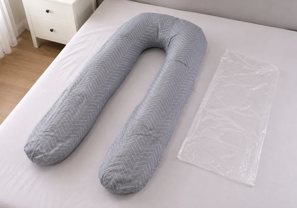 Coussin de grossesse fraichement deballe, encore tasse et irregulier, pose a plat sur un lit avec son emballage replie a cote