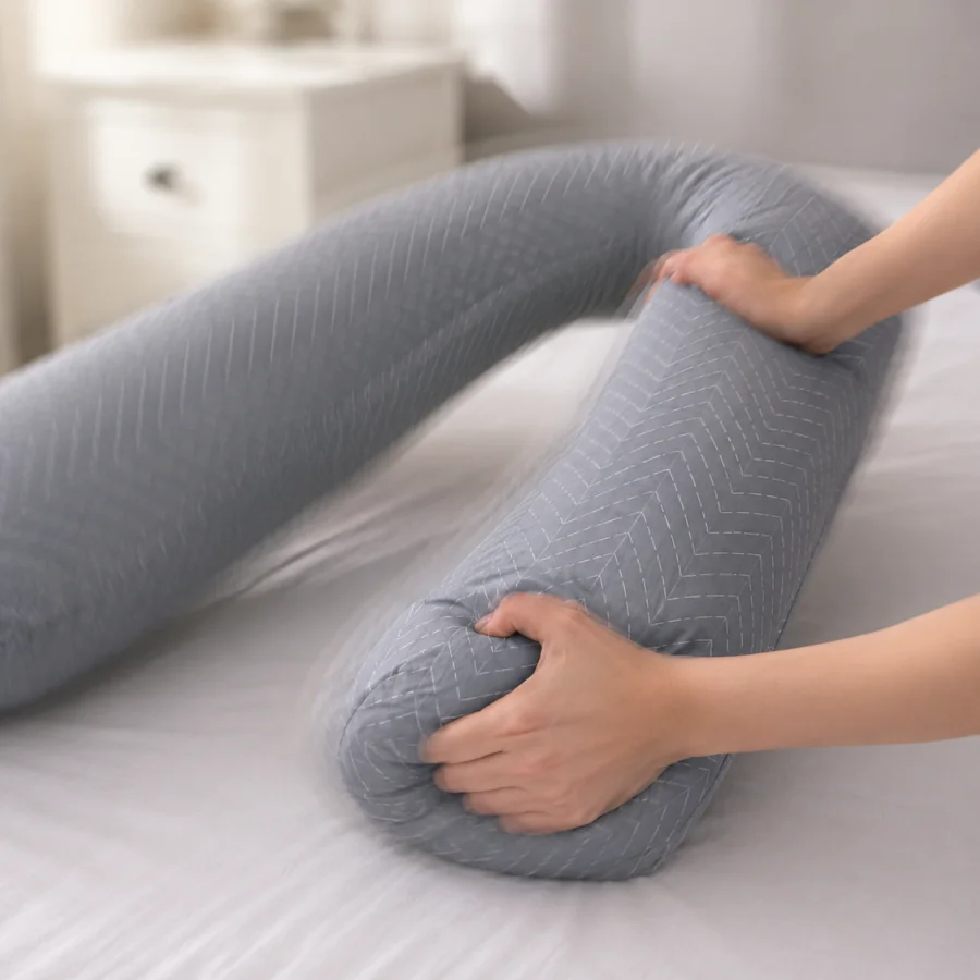 Deux mains secouant le coussin par une branche pour redistribuer le garnissage