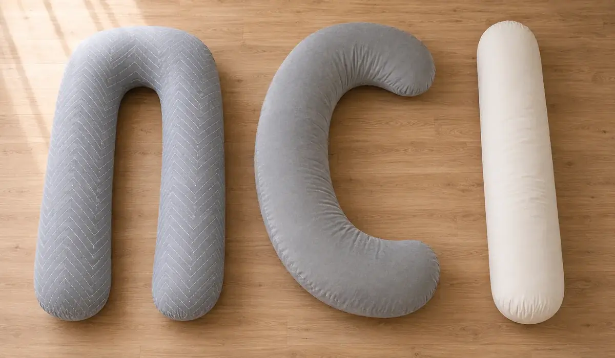 Trois coussins de grossesse cote a cote sur un parquet : un U gris a chevrons, un C gris uni et un long boudin droit