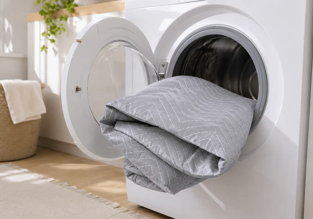 Housse grise a chevrons pliee sur le hublot ouvert d'un lave-linge