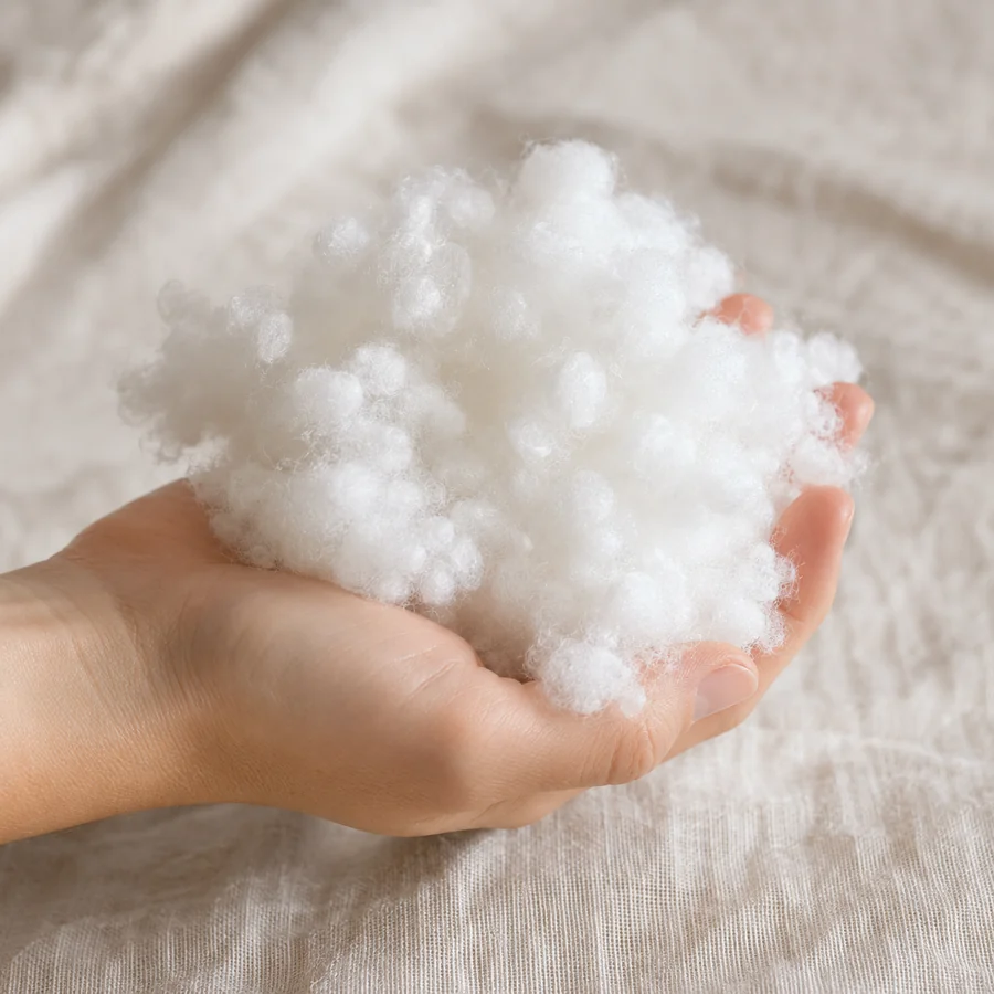Poignee de fibres synthetiques blanches gonflantes tenue dans une main ouverte