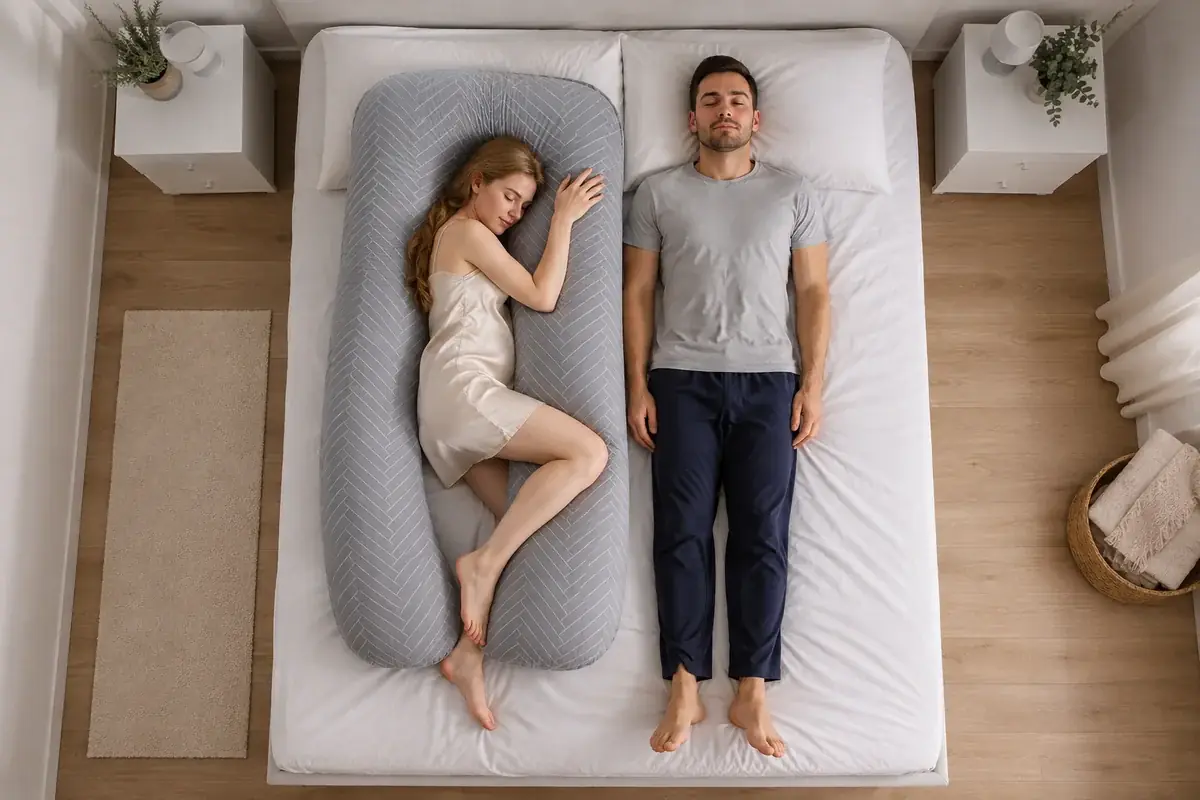 Vue en plongee sur un lit de 140 cm : le coussin en U occupe la moitie gauche, un homme dort sur l'autre moitie