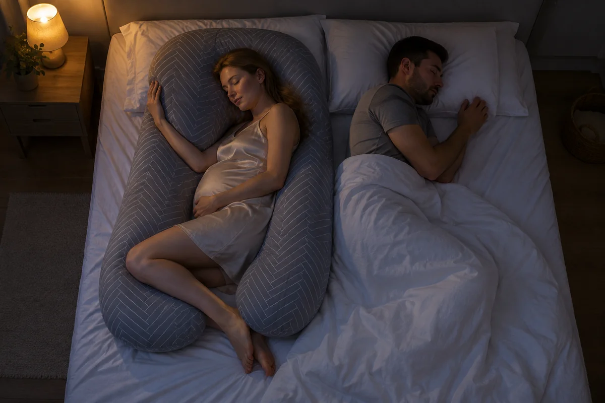 Couple endormi la nuit, la femme calee dans le coussin en U, l'homme paisible a cote