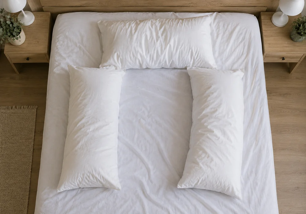 Trois oreillers ordinaires disposés en U autour d’un espace vide sur un lit, vue du dessus, avant le passage au coussin de grossesse Berceline