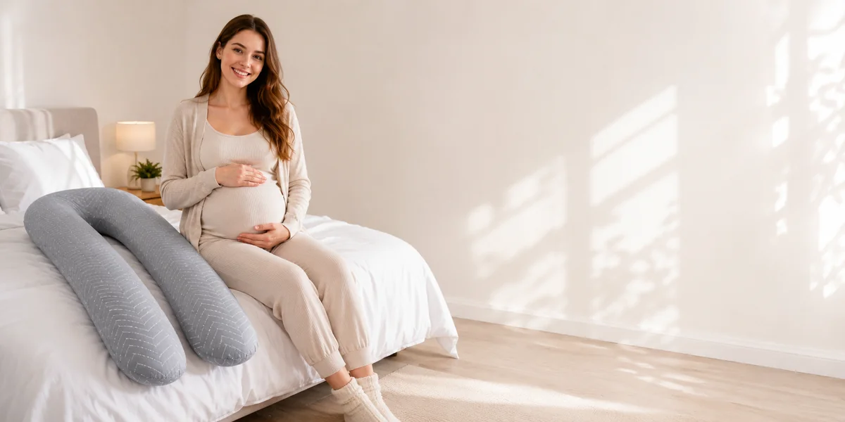 Femme enceinte assise au bord d’un lit, souriante, le coussin de grossesse en U posé à côté d’elle