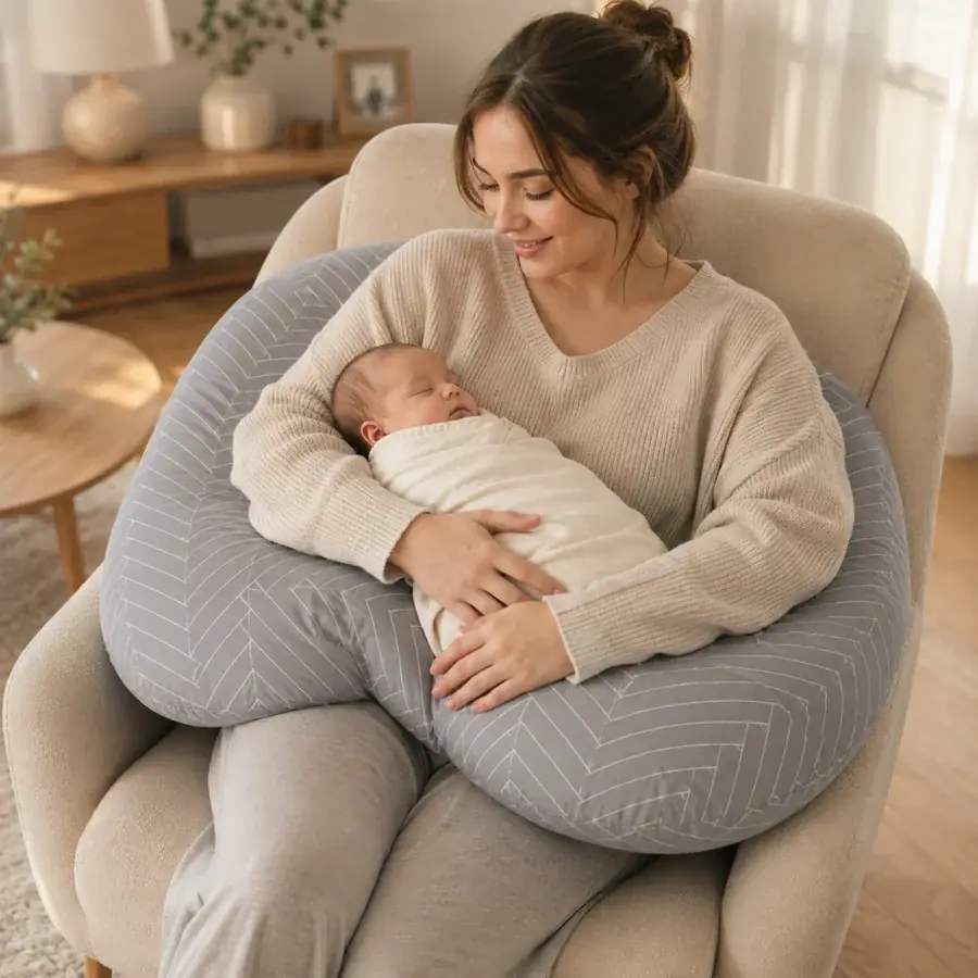 Femme assise en fauteuil, coussin en U autour de la taille, avant-bras posé dessus et nourrisson emmailloté