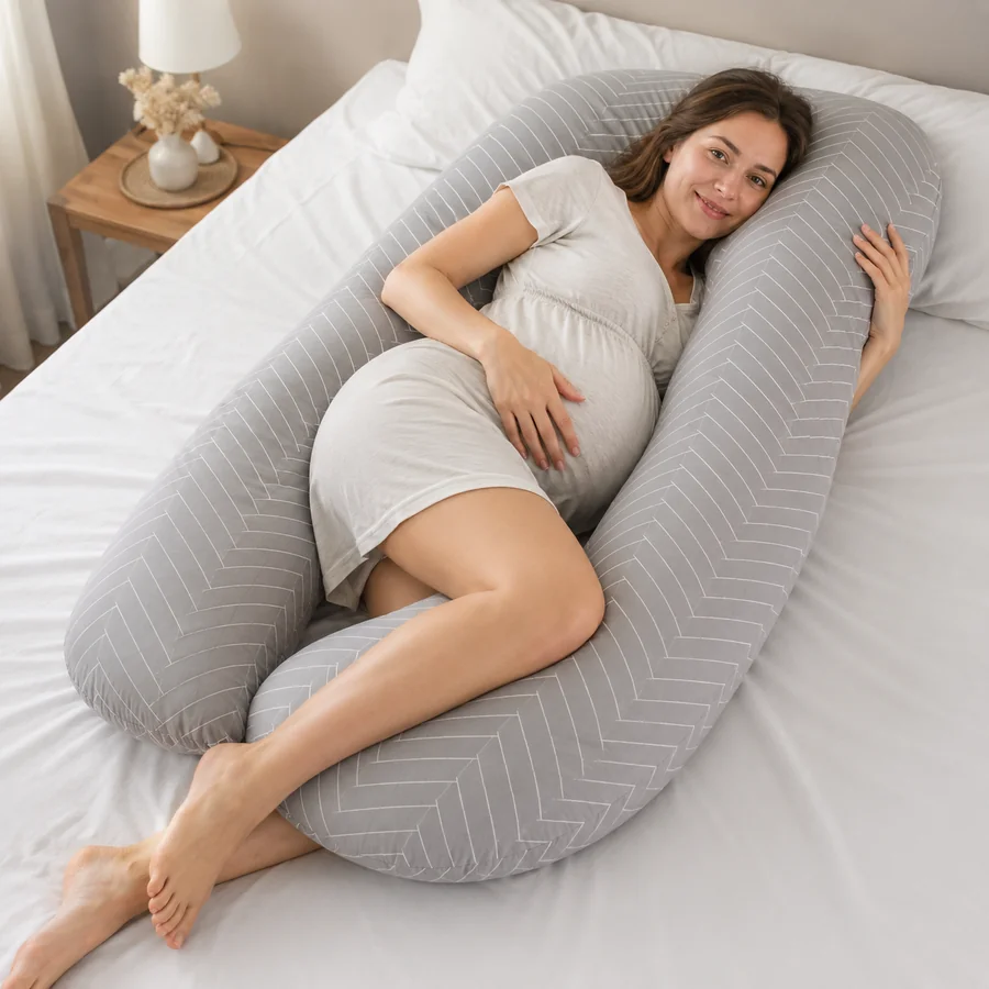 Femme enceinte allongée sur le côté dans le coussin de grossesse en U gris chevrons Berceline, tête posée sur la courbe, expression détendue