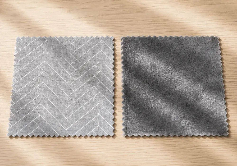 Deux échantillons de tissu posés côte à côte sur une table claire : un gris à chevrons et un gris uni velouté