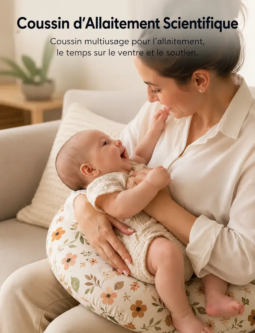 Une mère assise tient son nourrisson calé sur le coussin d’allaitement à motif floral