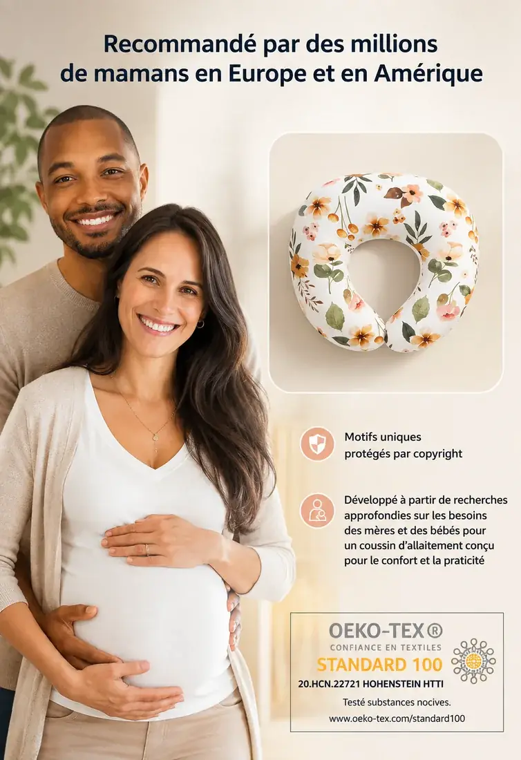 Un couple attendant un enfant, à côté d’une vue du coussin d’allaitement en forme de C à motif floral