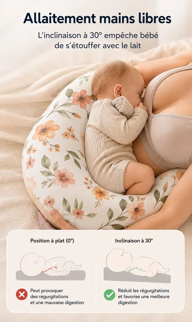 Un nourrisson allaité, calé sur le coussin, avec un schéma comparant la position à plat et la position inclinée