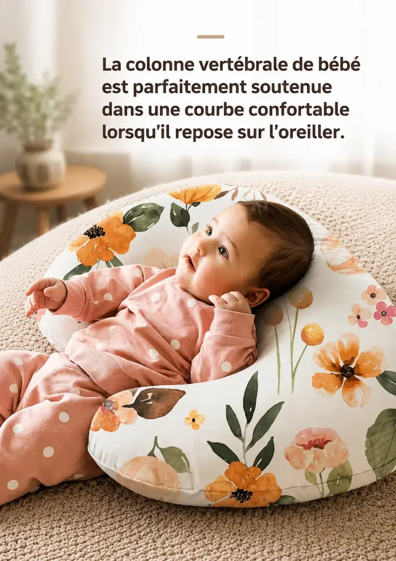 Un nourrisson allongé sur le dos dans la courbe du coussin d’allaitement à motif floral