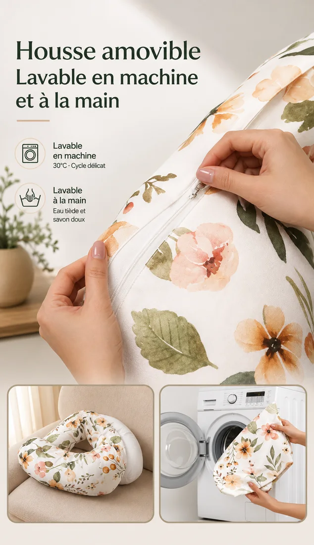 Une main ouvre la fermeture à glissière de la housse, avec deux vignettes montrant le coussin et un lave-linge