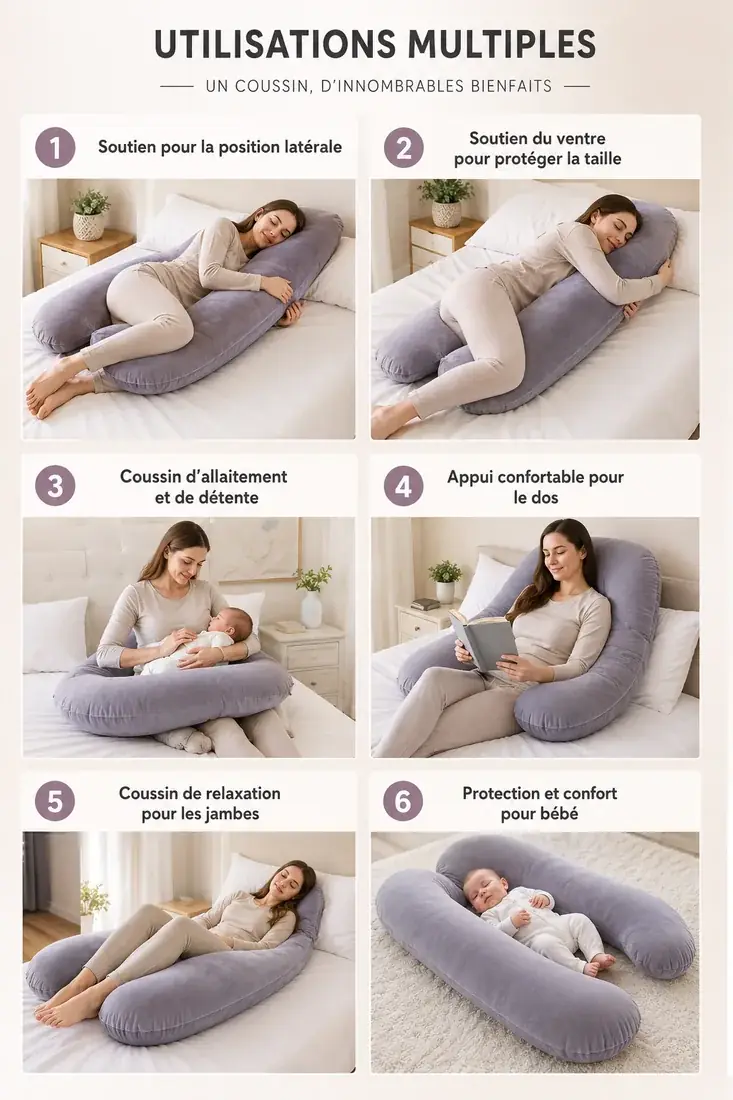 Planche des six usages du coussin en U, de la position latérale à l’appui du dos
