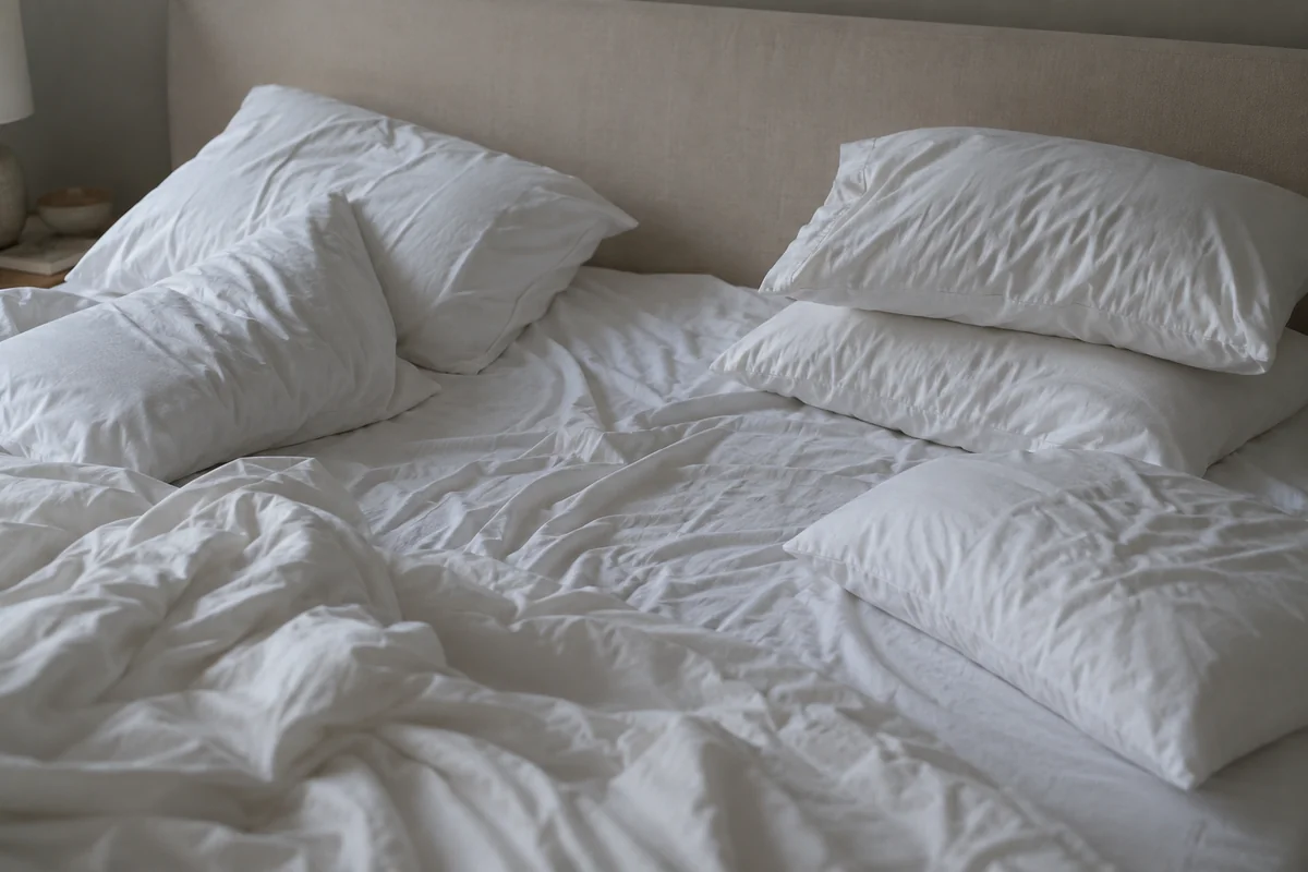 Lit double au petit matin, draps froissés et quatre oreillers ordinaires affaissés autour d’un creux vide, avant l’installation du coussin de grossesse Berceline