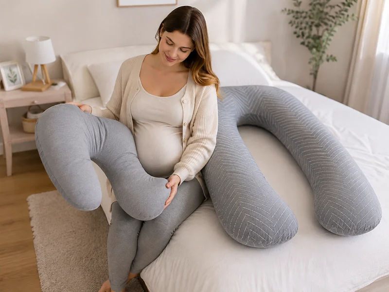 Femme enceinte assise au bord d’un lit, comparant deux coussins de formes différentes