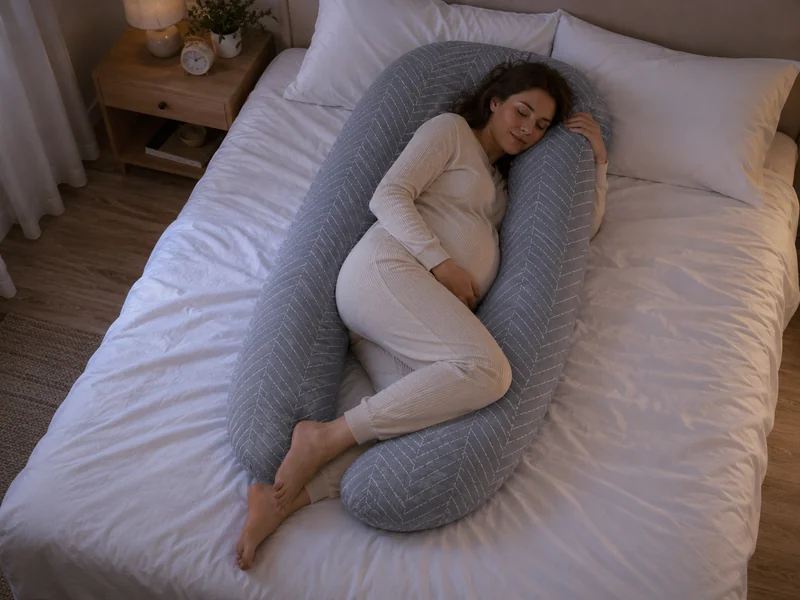 Femme enceinte endormie sur le côté dans le coussin de grossesse en U, vue en plongée