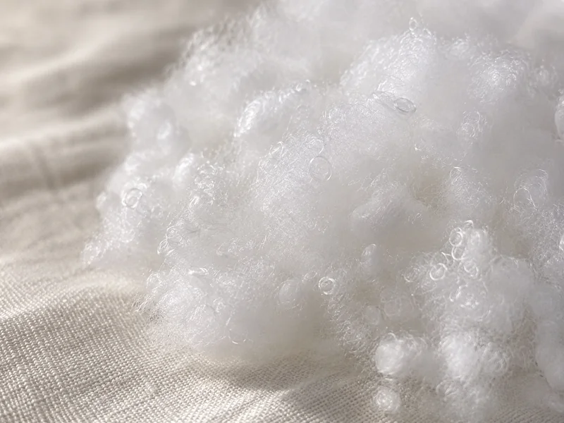 Macro sur un tas de fibres synthétiques blanches gonflantes